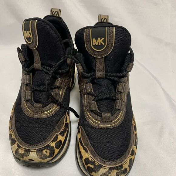 Michael Kors Olympia Style Tennis Shoes 6M Black Gold Leopard Look Platform Shoe - Picture 1 of 14